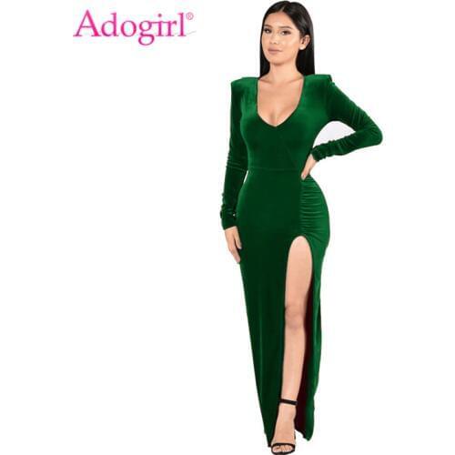 Adogirl Hot Velvet Christmas Dress Sexy Deep V Neck Long Sleeve High Slit Bodycon Maxi Evening Party Dresses Robe Long Vestidos