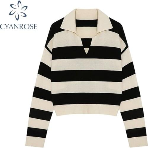 Sweaters Womens 2021 Fashion Stripe Loose V-Neck Knitting Pullover Autumn Korean Vintage Casual Long Sleeve Female Pullover Top