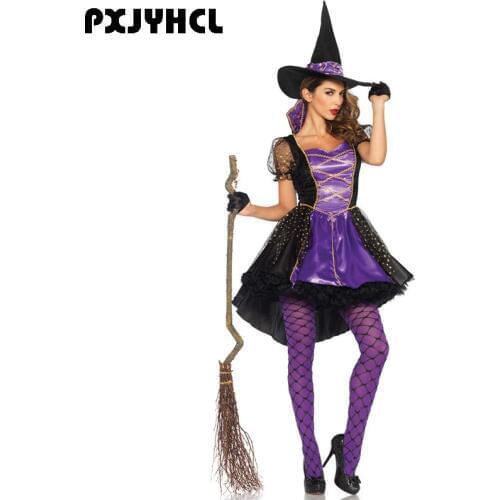 Halloween Witch Cosplay Costume For Women Fantasia Sexy Purple Swallow Tail Braces Dress Adult Carnival Party Suit With Hat