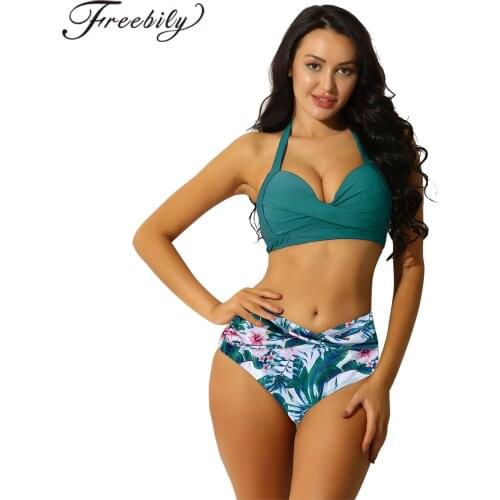 Women Swimwear Bikini Sets Bathing Suit Two Piece Halter Ruched High Waist Bikini Printed Bikinis Swimsuits Woman Beach Wear