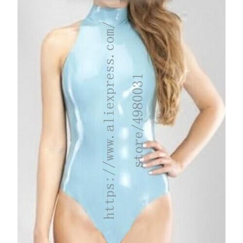 Made of 0.4mm thickness natural latex womens sky blue latex swim suit with back zip decorations