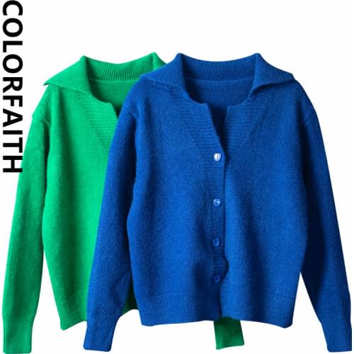 Colorfaith New 2021 Womens Autumn Winter Sweater Fashionable Elegant Oversized Buttons Cardigans Short Vintage Tops SWC1514JX