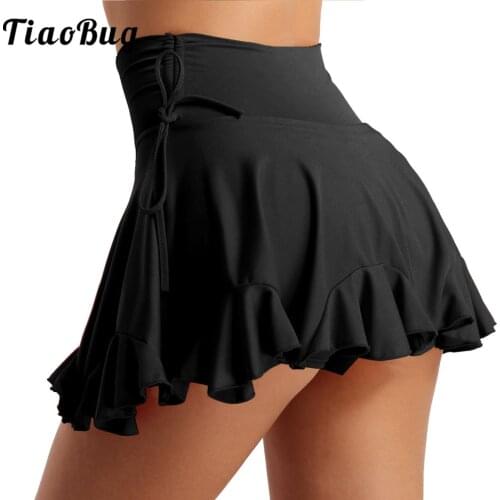 Women Stretchy High Waisted Ballet Latin Dance Dress Mini Flared Pleated Skirt Tango Rumba Performance Costume