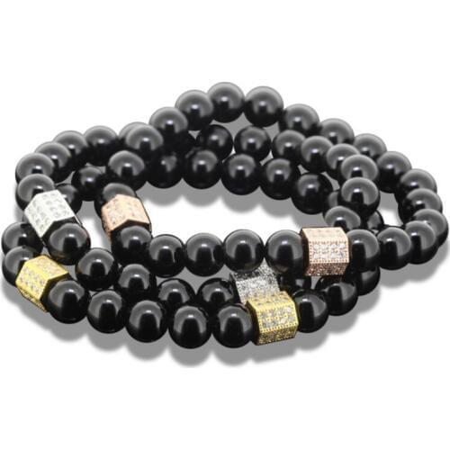1pcs Natural round black stone stone beads men necklace charm cz beads women necklace