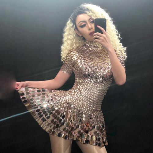 Shining Silver Mirrors Stone Dress Bright Bodysuit Future show space cosplay mirror dress party Costume Nightclub