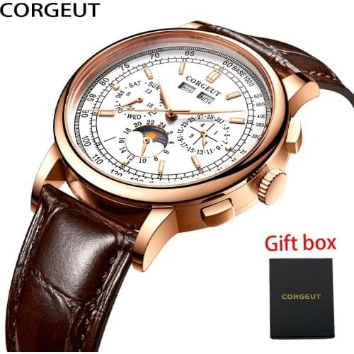 CORGEUT Business Luxury Mens Watches Clocks Date Moon phase Sport Military Clock Leather Strap Mechanical Orologio da uomo