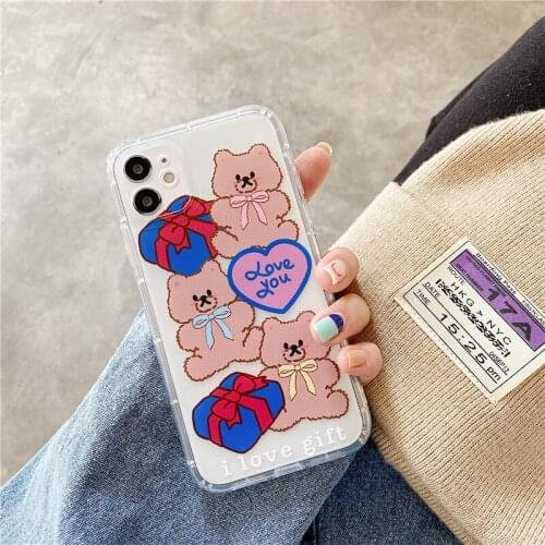 Lovely Cartoon Bear Phone Case For iPhone 12 11 Pro Max XR XS Max 7 8 Plus X SE2 Soft TPU Cute Letters Clear Back Cover Coque