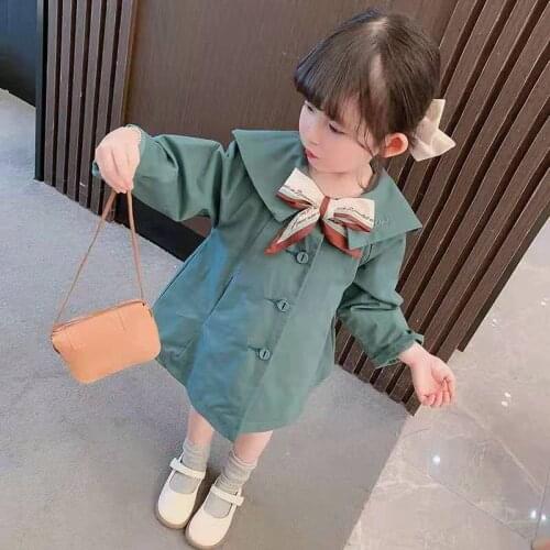 2021 Spring Autumn Baby Girls Trench Coats Jackets With Silk Scarf Embriodery Fashion Kids Jackets Overwear Children Clothes