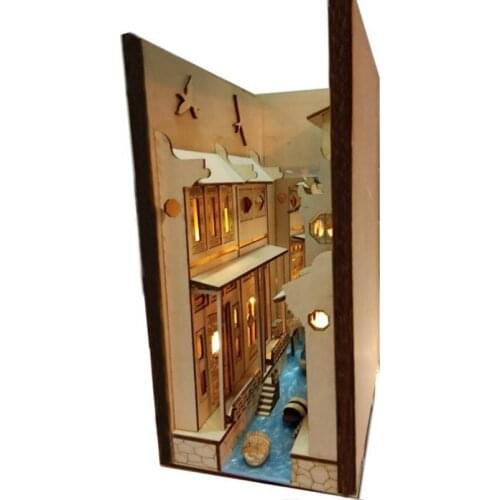 DIY Alley Book Nook Wooden Jiangnan Water Town Wuzhen Assembly Model Bookshelf Street with Light Model Building Kit
