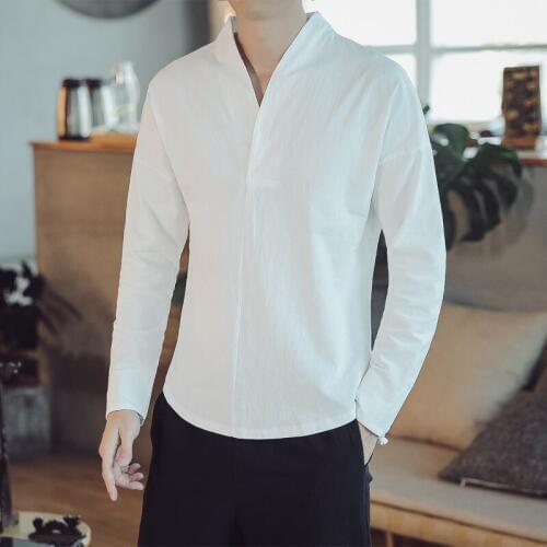 Chinese Style Mens clothing cotton linen t-shirt mens long sleeve national bottom shirt V-neck top