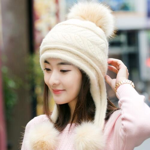 H7702 Women Rabbit Hair Bomber Hat Warm Knitted Cap Winter Autumn Outdoor Sweet Ears Protection Thickened Fashion Korean Hats