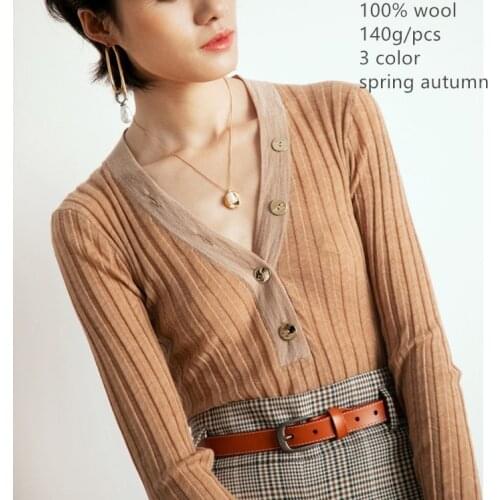 Naizaiga 100% wool solid Ultra-fine cardigan womens thin long-sleeved knitted bottoming through thin sweater, DGYS14