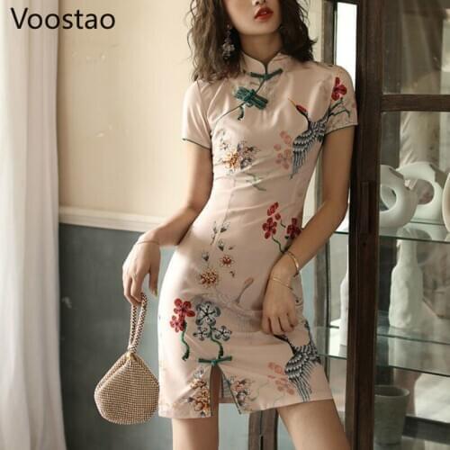 Chinese Style Women Sexy Club Bodycon Print Cheongsam Slim Dress Summer Girls Traditional Retro Qipao Elegant Party Slit Dresses