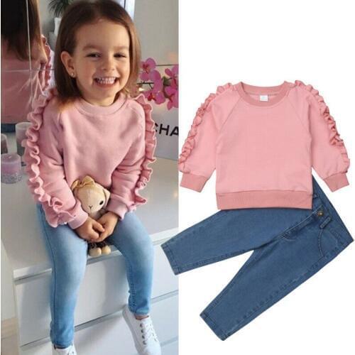 Fashion Kids Baby Girl Clothes Pink Ruffle Tops Shirt Denim Pants Autumn Winter Warm Outfit 2Pcs Set