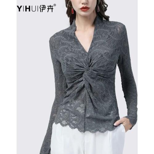 Lace Blouse Women Spring New Slim Long Sleeve Hook Flower Hollow Out Sexy Tops Elegant Autumn Winter V-Neck Short Bottoming Top