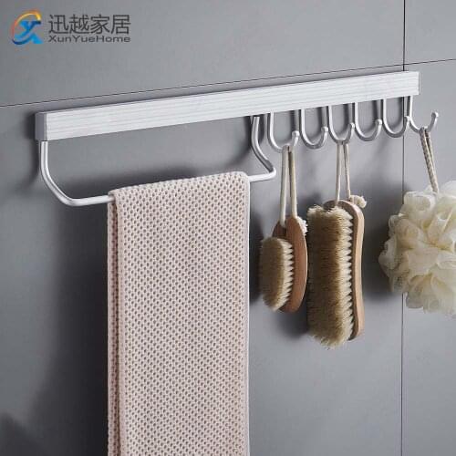 Clothes Hooks Punch-Free Wall Mounted Hanger Rod Silver Aluminum Towel Rack For Kitchen Bathroom Hardware Pendant