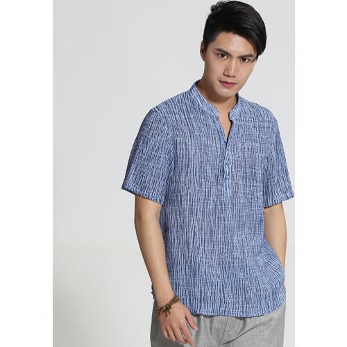 Summer Mandarin Collar Man Short Sleeve Tai Chi Shirt tops Vintage Chinese Kung Fu Short Sleeve Shirt Tang Suit Size M - XXXL