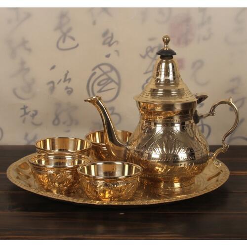 Copper tea pot set Indian imported teapot teacup teaplate hand carved household tea set household milk tea coffee maker gift