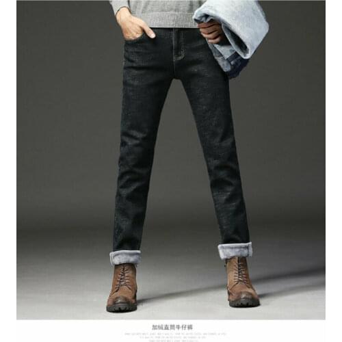 Mens Thermal Jeans Winterstretch Straight Leg Trousers Business Casual Comfortable Versatile Fashion 2020 Hot New Solid Color