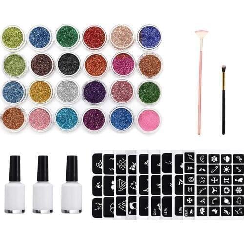 Tattoo Kit Stencils Powder Brush Glue Temporary Tattoos Tools Body Painting Glitter Powder Set For People Body Painting Glitter