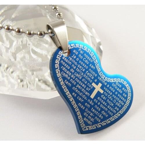 Stainless Steel Heart Tags Blue Cross Bible Pendant necklaces bead chain for men women