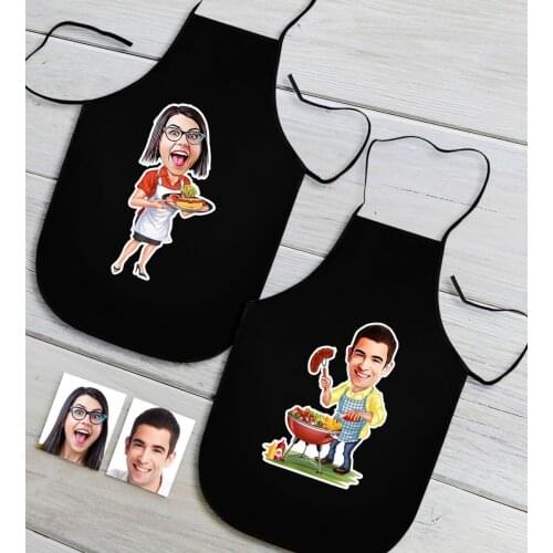 Personalized Dual Male and Female Chef Caricature Of Black Kitchen Apron Seti-3 Custom Design Souvenir Beautiful Memories Friends co