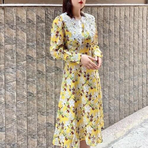 Water-Soluble Lace Collar Daisy Print Bow Midi Dress Sweet Pastoral Holiday Elegant Chiffion Long Sleeve Dresses 2021 Summer New