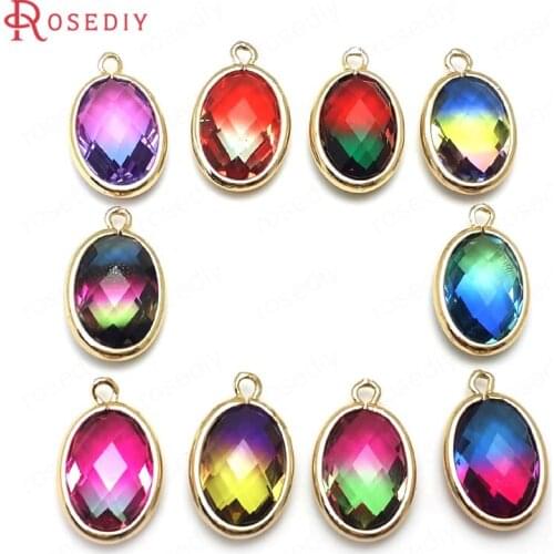 6PCS 19x12MM 24K Champagne Gold Color Brass and Glass Colorful Rainbow Style Oval Shape Charms Pendants Diy Jewelry Accessories