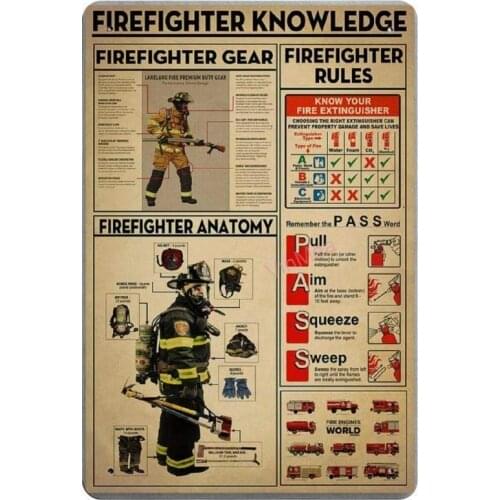 Firefighter Knowledge Retro Metal Tin Sign Plaque Poster Wall Decor Art Shabby Chic Gift