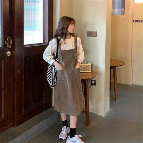 Skirt autumn 2020 new loose age reduction retro Korean version autumn and winter strap skirt dress female winter