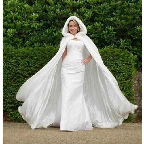Floor Length Women White/Ivory Faux Fur Trim Winter Christmas Bridal Cape Stunning Wedding Cloaks Hooded Long Party Wraps Jacket