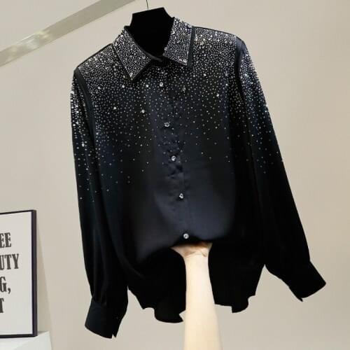 Diamond Studded By Hand Heavy Embroidery Hot Drilling Lapel Loose Single-Breasted Long Sleeve Shirt Womens Temperamental Top
