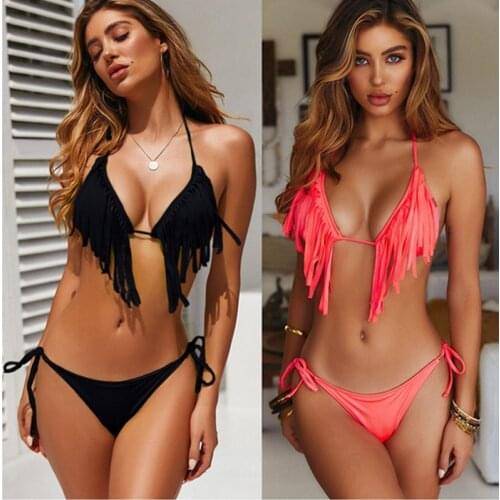 Women Sexy Swimwear Push-up Halter Bra Solid Color Bandage Low Waist Thong Bikinis Set Swimsuit Tassel Bathing Suit