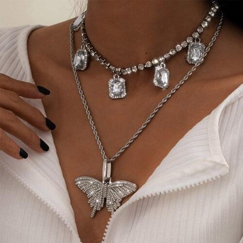 Stonefans Retro Double Layer Thick Chain Necklace Rhinestone Choker Necklace Square Gems Big Butterfly Necklace Women Jewelry