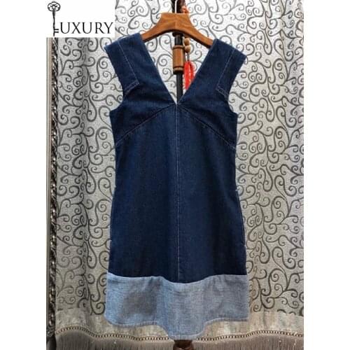 2020 Denim High Quality Summer Style Ladies V-Neck Color Block Patchwork Sleeveless Casual Basic Dress Blue Jeans Vestido