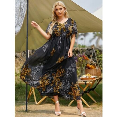 2021 Womens Summer Sundresses Plus Size 5XL Female V Neck Short Sleeve Floral Print Casual Beach Dress Large Maxi Party Dresses