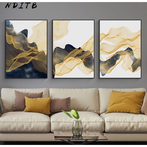Golden Line Drawing Abstract Painting Nordic Canvas Poster Print Contemporary Wall Art Decoration Picture Modern Home Room Decor