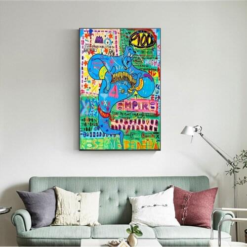 Abstract Graffiti Blue Elves and Coins Canvas Paintings on the Wall Art Cartoon Posters and Prints Art Pictures For Living Room