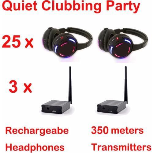 Silent Disco complete system black led wireless headphones - Quiet Clubbing Party Bundle (25 Headphones + 3 Transmitters)
