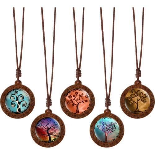 Family Tree of Life Dome Glass Wood Pendant Necklaces Women Necklaces Jewelry Wax Rope Chain Necklaces Gift