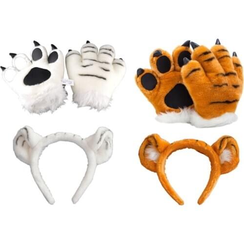 Adult Kids Plush Tiger Cosplay Costume Set Cute Ears Headband 3D Animal Paw Fluffy Gloves Stuffed Toys Party Supplies