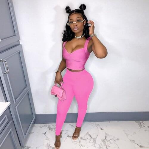 Summer Candy Colors Two Piece Set Women Sexy Sleeveless V Neck Crop Top + Leggings Slim Club Party wear 2 Piece Outfits Clothing