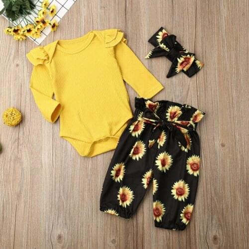 0-18 Months Baby Girls Outfits Autumn Baby Girls Clothing Set Solid Pink Yellow Tops Long Pants Headbands Baby Girls Outfits