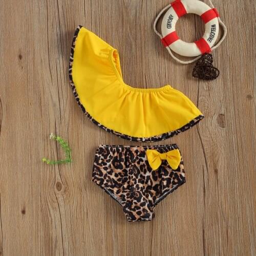 Brand New Baby Swimsuit Suit Ruffled One ShoulderTube+Leopard Print Bow Decoration Brief Suit Summer Beach Clothing