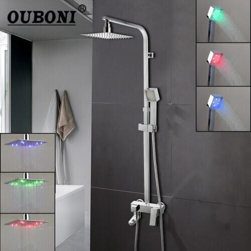 OUBONI LED 8 Inch Brass Bathroom Shower Set Bathtub Faucet Solid Brass Shower Mixer Tap Chrome Polish Bath Mixer Tap Shower Head