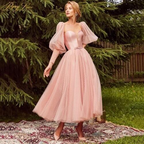 Lace Up Satin Pink Prom Dress Dot Tulle A Line Elegant Party Dress Tunic Corset Puffy Sleeves Long Gown Evening Dress Plus Size