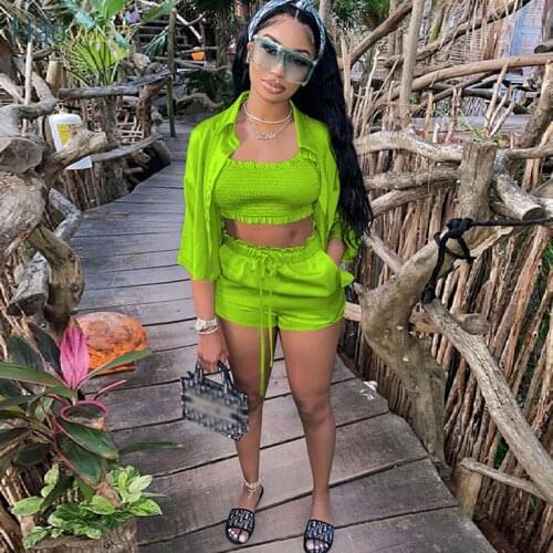 HAOYUAN Sexy Satin 3 Piece Set Strapless Crop Top Short Sleeve Coat Bandage Biker Shorts Summer Outfits Night Club Matching Sets