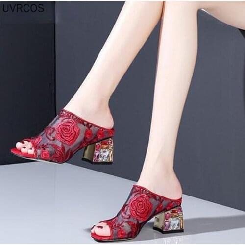 Summer Shoes Womens Pumps Mesh Square Heel Sandals Slipper Ladies Fashion Sexy Slip On Flower Women Comfortable Female Footwear