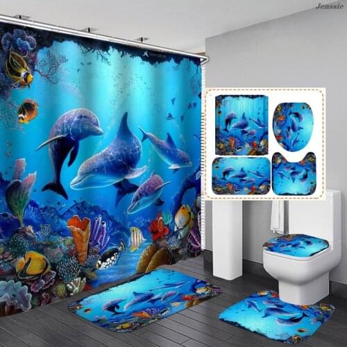 Animal Print Waterproof Shower Curtain With Bath Non-slip Rug Carpets Toilet Cover 3D Dolphin Dog Cat Shark Bathroom Curtains
