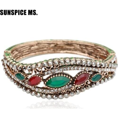 Sunspicems Elegent Banquet Cuff Bracelet Turkish Women Vintage Rhinestone Bangle Antique Gold Color Ethnic Wedding Jewelry
